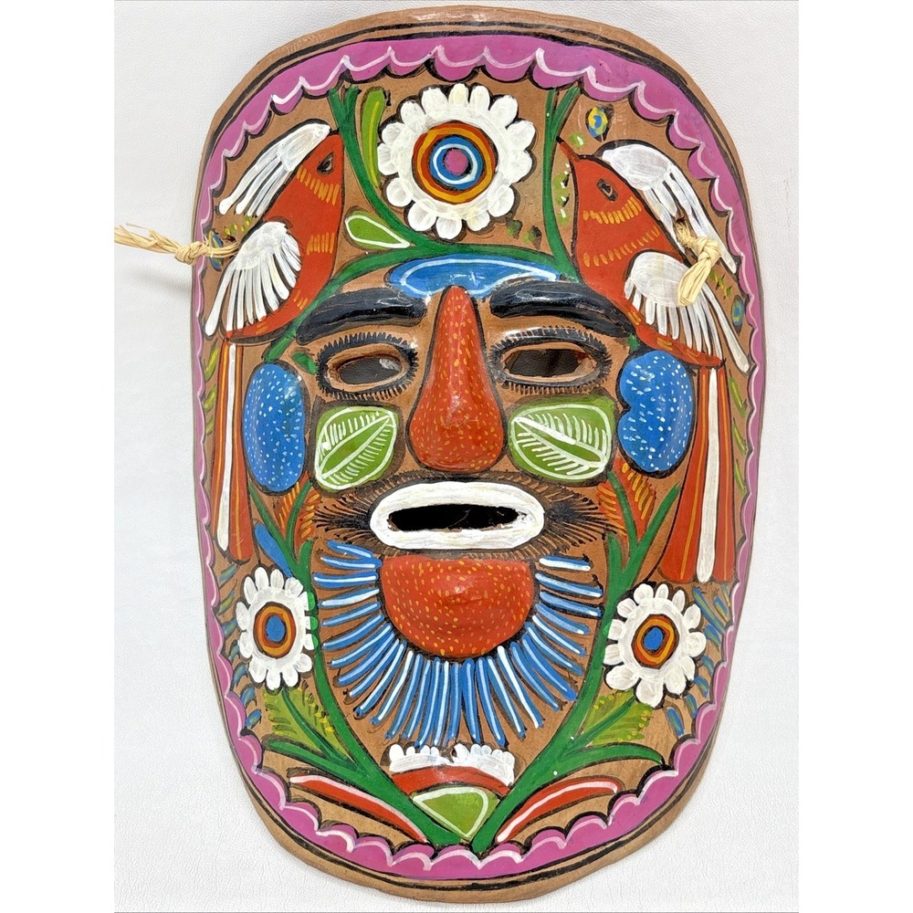 Hand painted Mexican Folk Art Terracotta Clay Mask Wall Hanging And Maracas Vtg - Picture 2 of 8